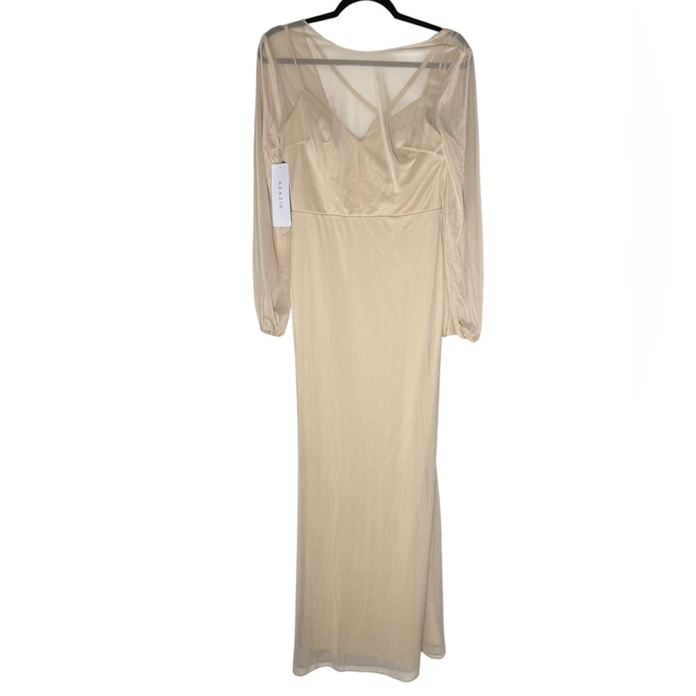 Azazie Denali Champagne Full Length Long Sleeve Bridesmaid Dress Womens Sz 6 NWT